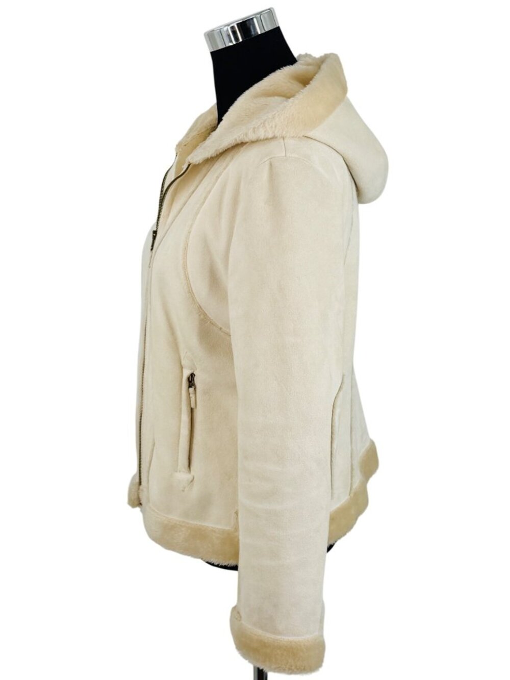 Vintage Hydraulic Hooded Cream Faux Suede & Fur Penny Lane Coat L Y2K 90s Grunge - Picture 13 of 16